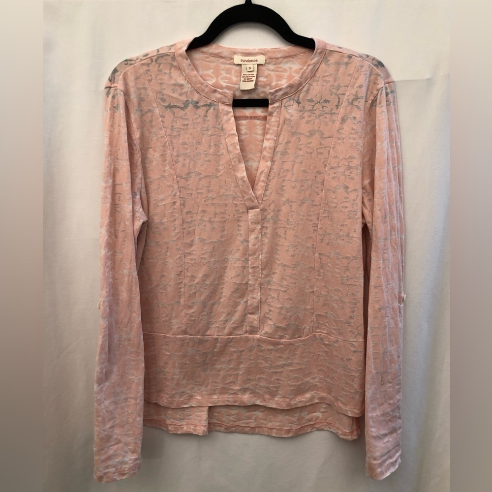 Sundance Pink Semi Sheer V-Neck Top Blouse Roll Tab Long Sleeves Size Small